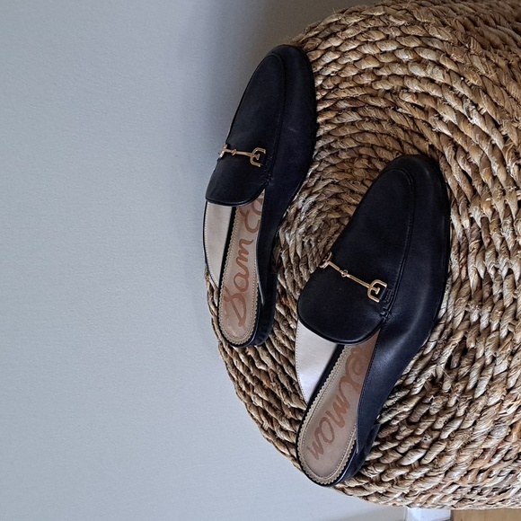 Sam Edelman Womens Laurna Black Leather Slip On Loafer Mule Flats Gold Metal 8.5 - Picture 1 of 8